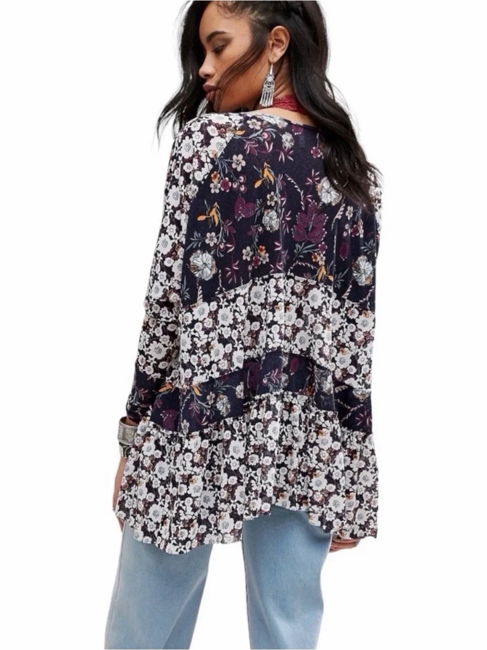 Free People Floral Semi Sheer Long Sleeve Isabella Tunic Blouse Small
